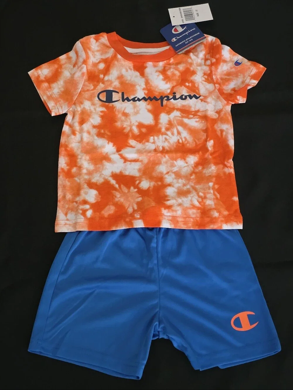Champion Kids Orange & White Tie-Dye Logo Tee with Blue Shorts 2T